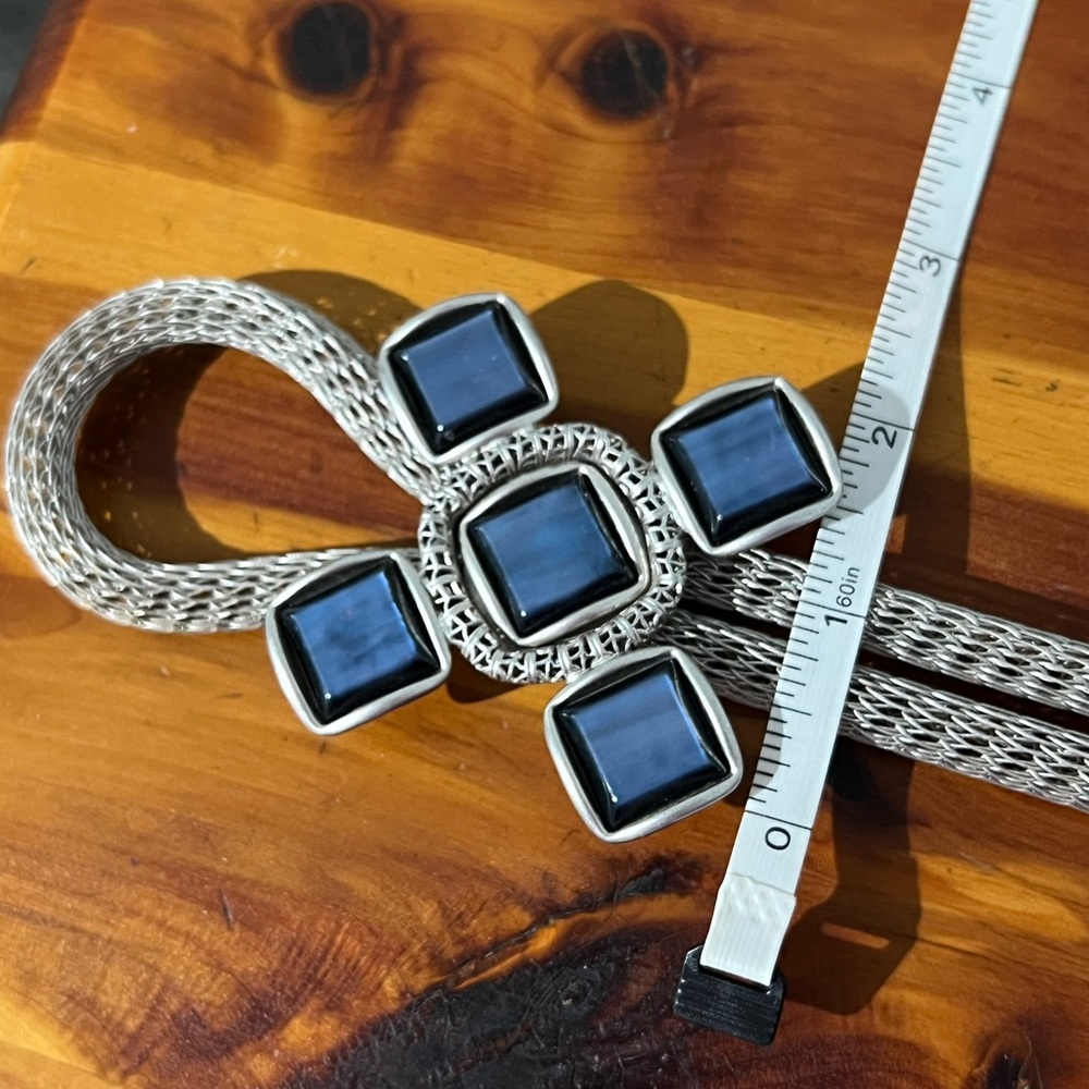 Handmade vintage Silver Mesh Lariat belt with Blue Stone Buckle Accent - Picture 9 of 10